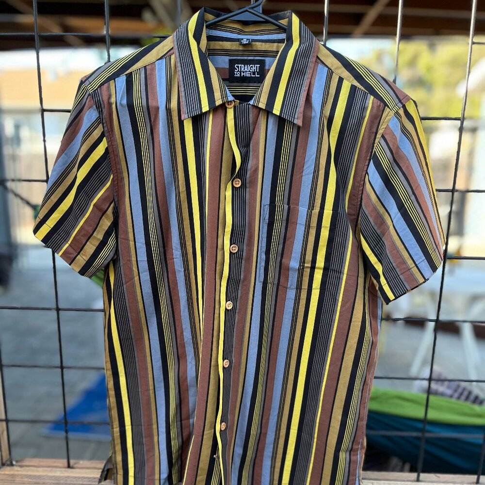Straight To Hell “Parallel Lines” Burgundy Striped Camp Shirt • Medium